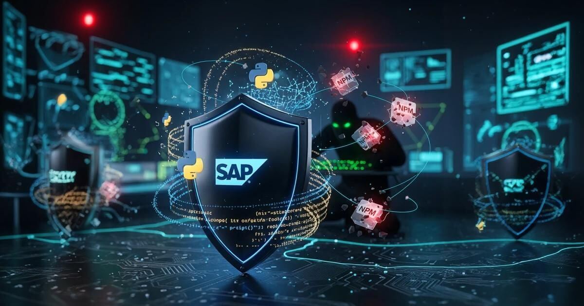 Cybersecurity shield protecting SAP system from npm supply chain attack - Vibe Coding security risks